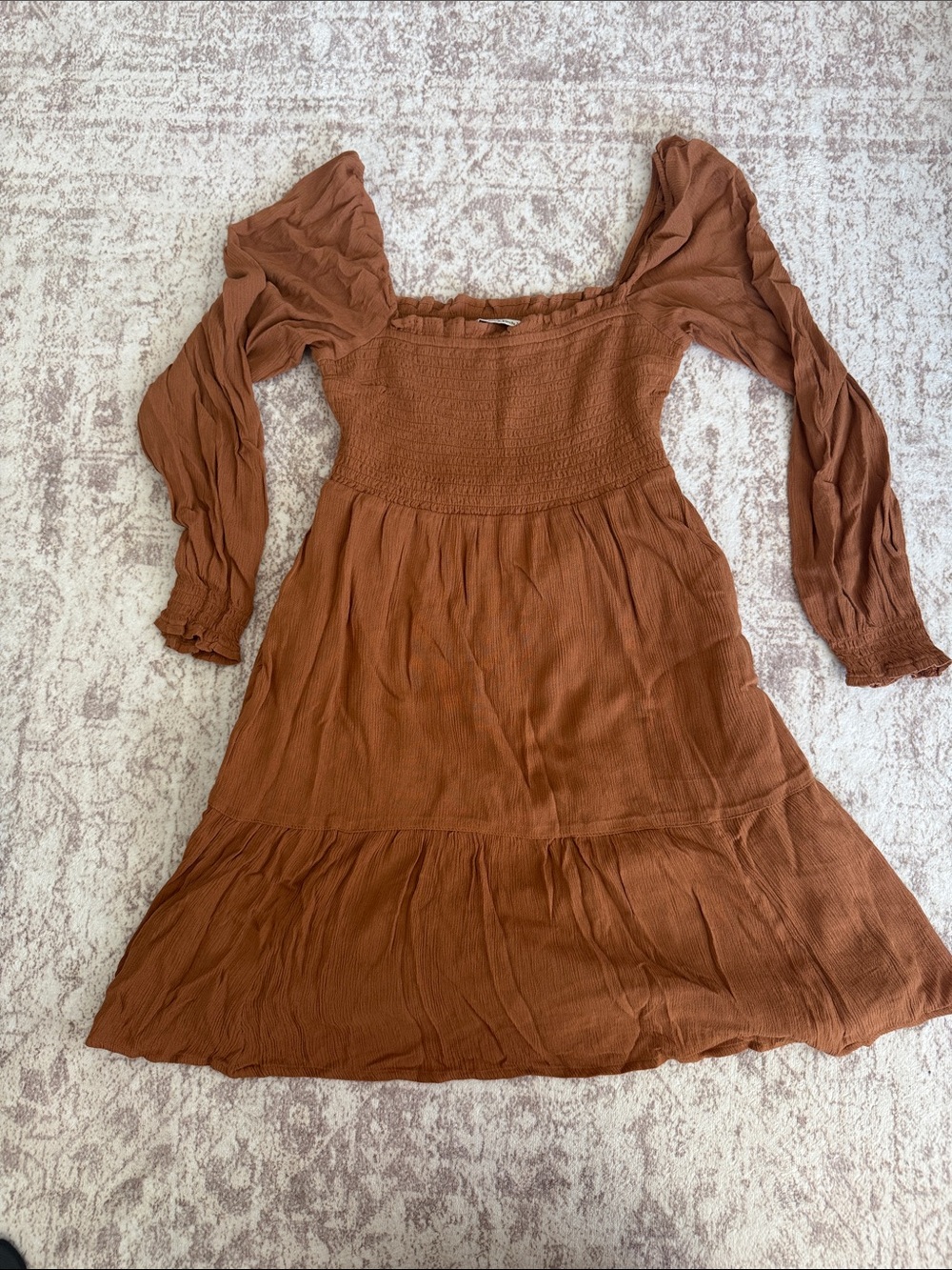 Abercrombie & Fitch Rust Brown Long-Sleeve Smocked Dress